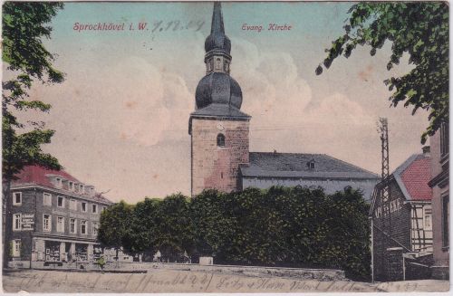 NRW - Sprockhövel Evangelische Kirche farb. AK gelaufen 1909