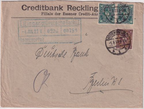 DR-Infla - 2x50+30 M. Posthorn Perfin "ECR" Firmenbrief Recklinghausen1923
