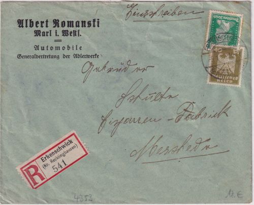 DR - Erkenschwick 1928 Einschreibebrief(Automobile Romanski) n. Meschede