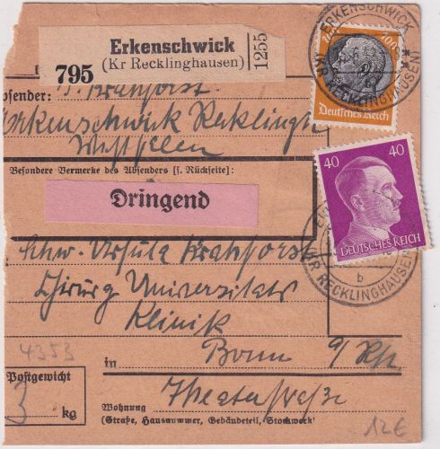 DR - 100 Pfg. Hindenburg u.a. Dringend-Paketkarte Erkenschwick - Bonn 1942