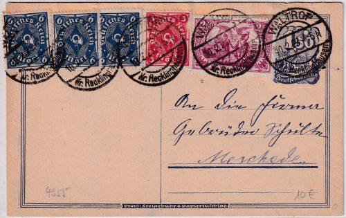 DR-Infla - 1,50 M. Postreiter Ganzsache+Zusatz Waltrop - Meschede 1923