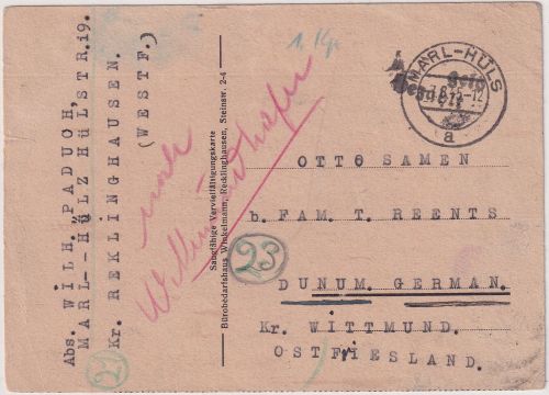 All.Bes. - Marl-Hüls 7.8.45 "geld bezahlt" L2 Karte n. Dunum - selten !