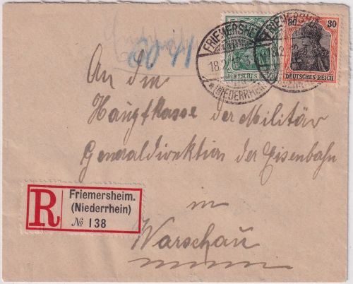 DR - 30+5 Pfg. Germania Einschreibebrief Friemersheim - WARSCHAU 1918
