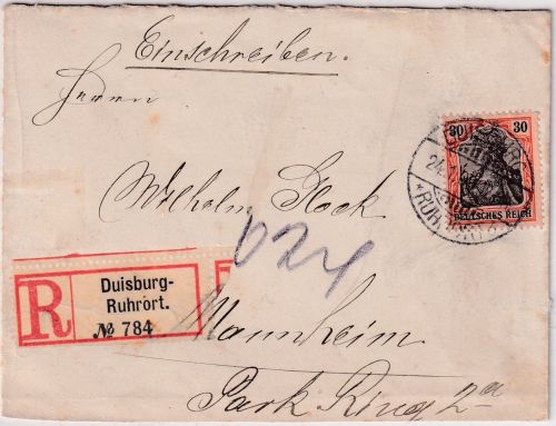 DR - 30 Pfg. Germania Einschreibebrief Duisburg-Ruhrort - Mannheim 1908