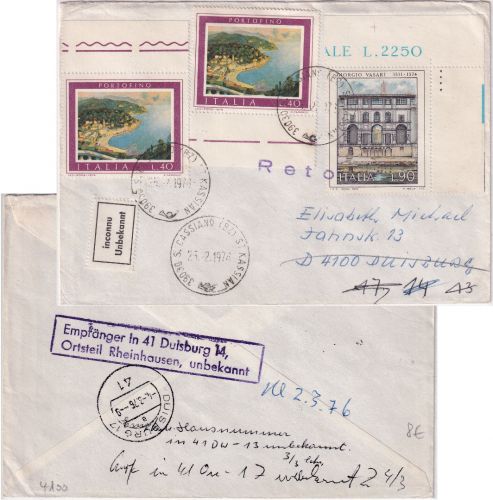 Italien - Duisburg Rheinhasuen "Empfänger...unbekannt" Ra2 Brief v. Kassian 1976