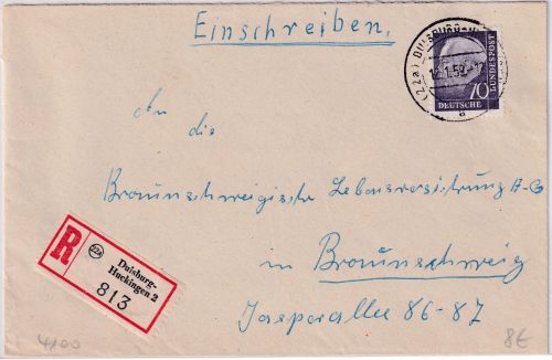 BRD - 70 Pfg. Heuss II Einschreibebrief Duisburg-Huckingen 2 - Braunschweig 1959