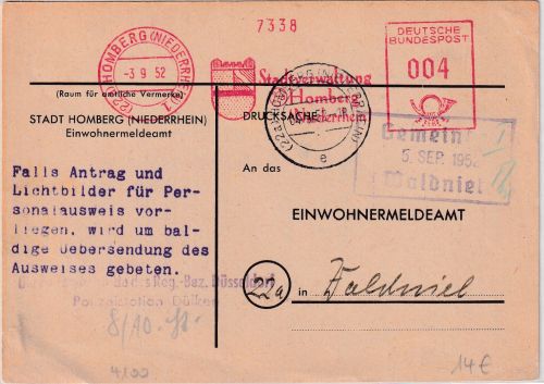 BRD - Homberg 1952 4 Pfg. AFS "Stadtverwaltung" Drucksachenkarte n. Waldwiel