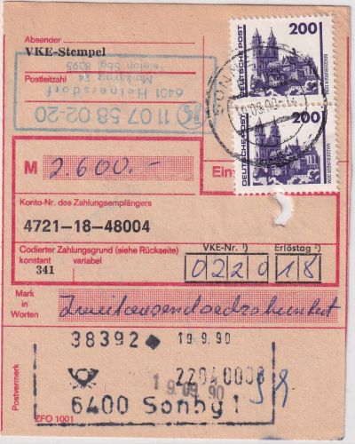 DDR/VGO - 2x200 Pfg. Bauwerke Einzahlungsauftrag Sonneberg 19.9.90