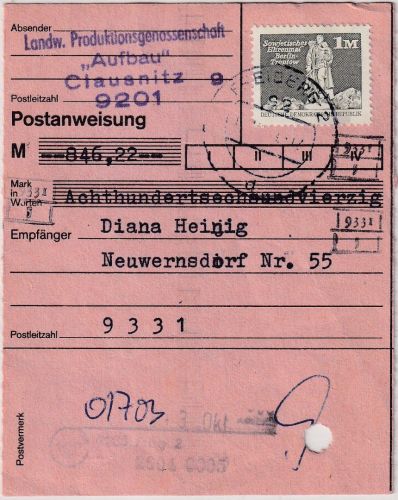 DDR - 1 M. + 20 Pfg. Aufbau Postanweisung Freiberg - Neuwernsdorf 1989
