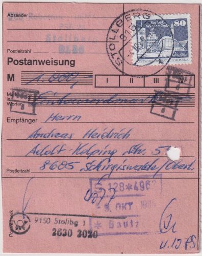 DDR - 70+2x20 Pfg. Aufbau Postanweisung Stollberg - Schirgiswalde 1989
