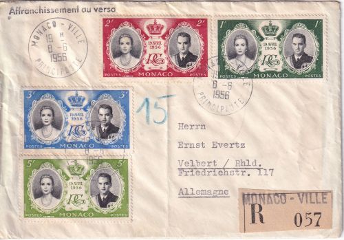 Monaco - Hochzeit Grace/Rainier Teilsatz Einschreibebrief n. Velbert 1956