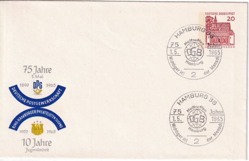 BRD - 20 Pfg. Bauwerke 75 J. Dt. Postgewerkschaft Privat-GA SST Hamburg 1965