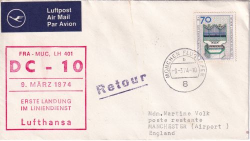 Berlin - 70 Pfg. Wofa/Orgel Luftpostbrief n. ENGLAND München - Manchester 1974