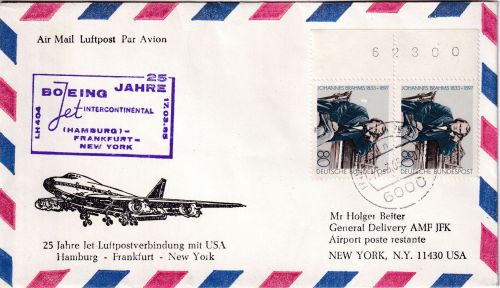 BRD - 2x80 Pfg. 150. Geb. Brahms Luftpostbrief n. USA Frankfurt - New York 1985