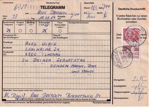 DDR - 2 M.+70 Pfg. Aufbau/klein Telegramm Dresden - Ilmenau 1987
