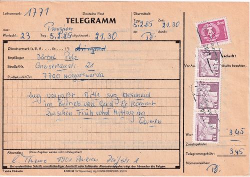 DDR - 3 M.+3x15 Pfg. Aufbau/klein Telegramm Falkenberg - Hoyerswerda 1985
