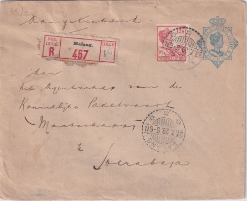 Niederl. Indien - 20C. Wilhelmina Ganzsache+ Zusatz Einschreibebrief Malang 1929