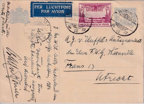 Niederl. Indien - 5 C. Wilhelmina Ganzsache+Zusatz Luftpostkarte Bonduwoso 1932