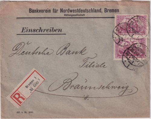 DR - 2x2,50 M. Nord/Süd Einschreibebrief Bremen - Braunschweig 1922