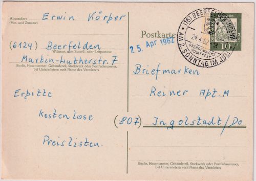 BRD - Beerfelden Pferdemarkt Volksfest Handwerbestempel Ganzsache 1962