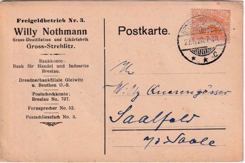 Abstimmung/Oberschlesien - 30 Pfg. Freimarke Firmenkarte Groß-Strehlitz 27.5.20