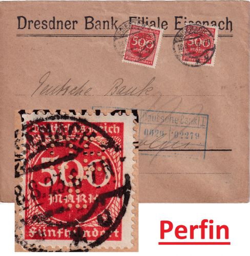 DR-Infla - 2x500 M. Ziffer Perfin "DBE" brief Eisenach - Berlin 18.8.23