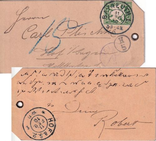 Bayern - 5 Pfg. WappenKarte/Paketanhänger Bayreuth - Hof 1910 Nachporto