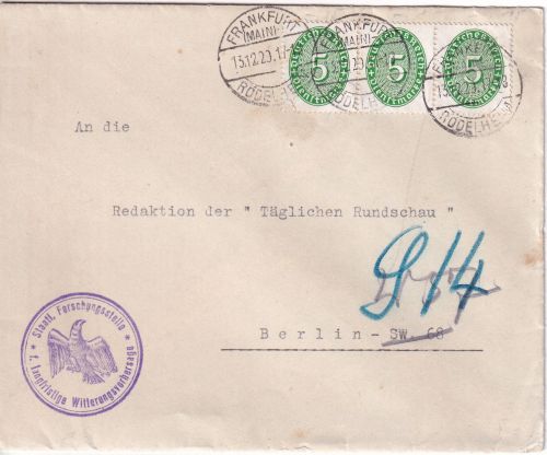 DR - 3x5 Pfg. Strohhut Dienstbrief FFM-Rödelheim - Berlin 1929 Wetterdienst