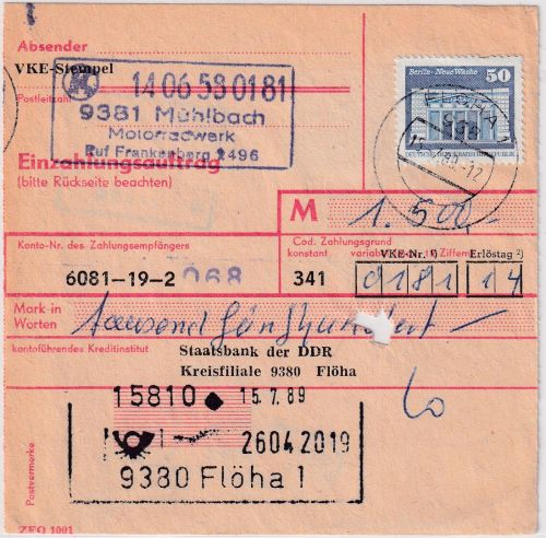DDR - 50+25 Pfg. Aufbau/klein Einzahlungsauftrag Mühlbach/Flöha 1989