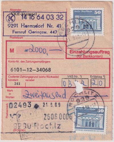 DDR - 2x50 Pfg. Aufbau/klein Einzahlungsauftrag Hermsdorf/Rochlitz 21.9.89