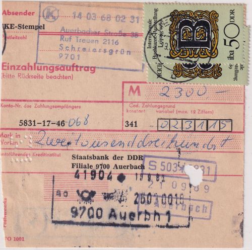 DDR - 2x50 Pfg. Int. Buchkunst Einzahlungsauftrag Schreiersgrün/Auerbach 19.9.89