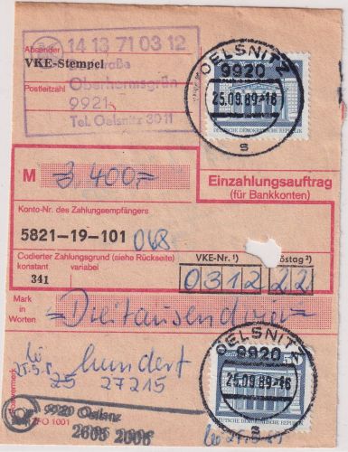 DDR - 2x50 Pfg. Aufbau/klein Einzahlungsauftrag Oberhermsgrün/Oelsnitz 25.9.89