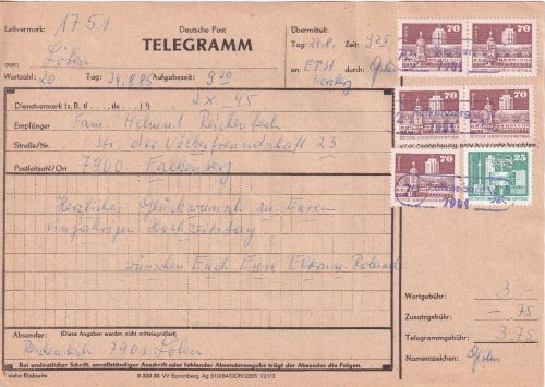 DDR - 5x70+5 Pfg. Aufbau/klein Telegramm Löben - Falkenberg 1985