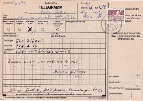 DDR - 70 Pfg. Aufbau/klein Telegramm Dresden - Großschweidnitz 1987