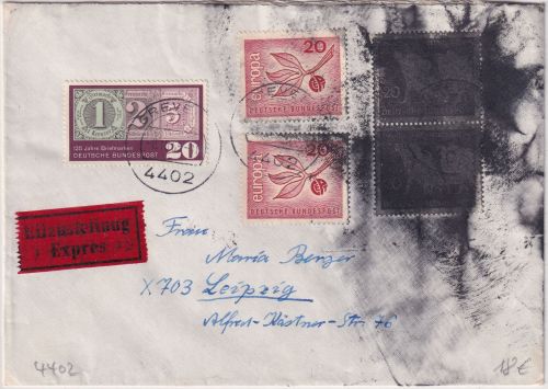 BRD/Postkrieg - 2x20 Pfg. Vertreibung u.a. Eilbrief Greven - Leipzig 1965