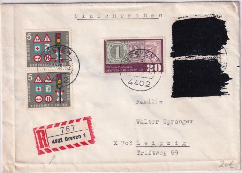 BRD/Postkrieg - 2x20 Pfg Vertreibung u.a. Einschreibebrief Greven - Leipzig 1965