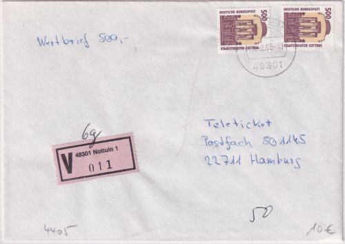 BRD - 2x500 Pfg. SWK Wertbrief Nottulm - Hamburg 1995