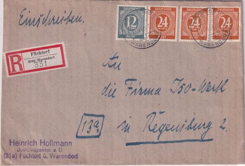 All.Bes. - Füchtorf ü. Warendorf Poststelle I Einschreibebrief n Regensburg 1946