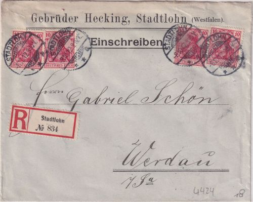 DR - 4x10 Pfg. Germania Einschreibebrief Stadtlohn - Werdau 1912