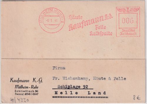 DR - Mülheim (Ruhr) 1941 6 Pfg. AFS "Kaufmann KG" Karte n. Schiplage b. Melle