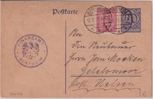 DR-Infla - 20 Pfg. Dienst-Ganzsache "21" + zusatz Bentheim - Uelzen 1921
