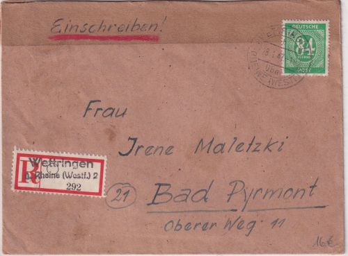 All.Bes. - Wettringen ü. Rheine (Westf.) 2 Poststelle I Einschreibebrief 1947