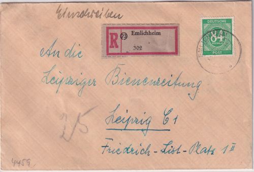 All.Bes. - 84 Pfg. Ziffer Einschreibebrief (Wendekuvert) Emlichheim Leipzig 1948