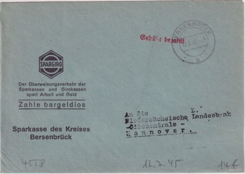 All.Bes. - Bersenbrück 12.7.45 Gebühr bezahlt roter L1 Brief n. Hannover
