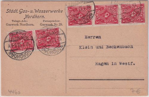 DR-Infla - 5x3 M. Posthorn Firmenkarte Nordhorn - Hagen 1923