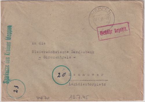 All.Bes. - Meppen 13.7.45 Gebühr bezhalt roter Ra1 Brief n. Hannover