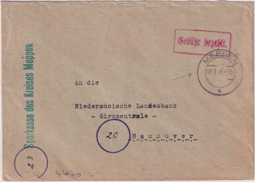 All.Bes. - Meppen 17.7.45 Gebühr bezhalt roter Ra1 Brief n. Hannover