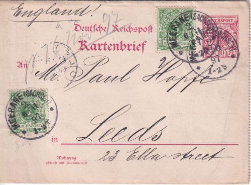 DR - 10 Pfg. K/A Ganzsache/kartenbrief+Zusatz n. ENGLAND Meerane - Leeds 1897
