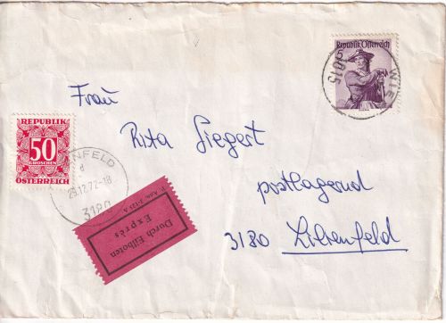 Österreich - 5 S. Trachten Eilbrief Wien - Lilienfeld/postlagernd 1972