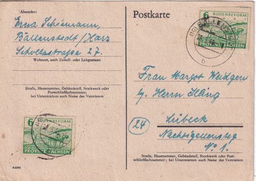 SBZ/Sachsen - 2x6 Pfg. Bodenreform Karte Ballenstedt - Lübeck 29.3.46